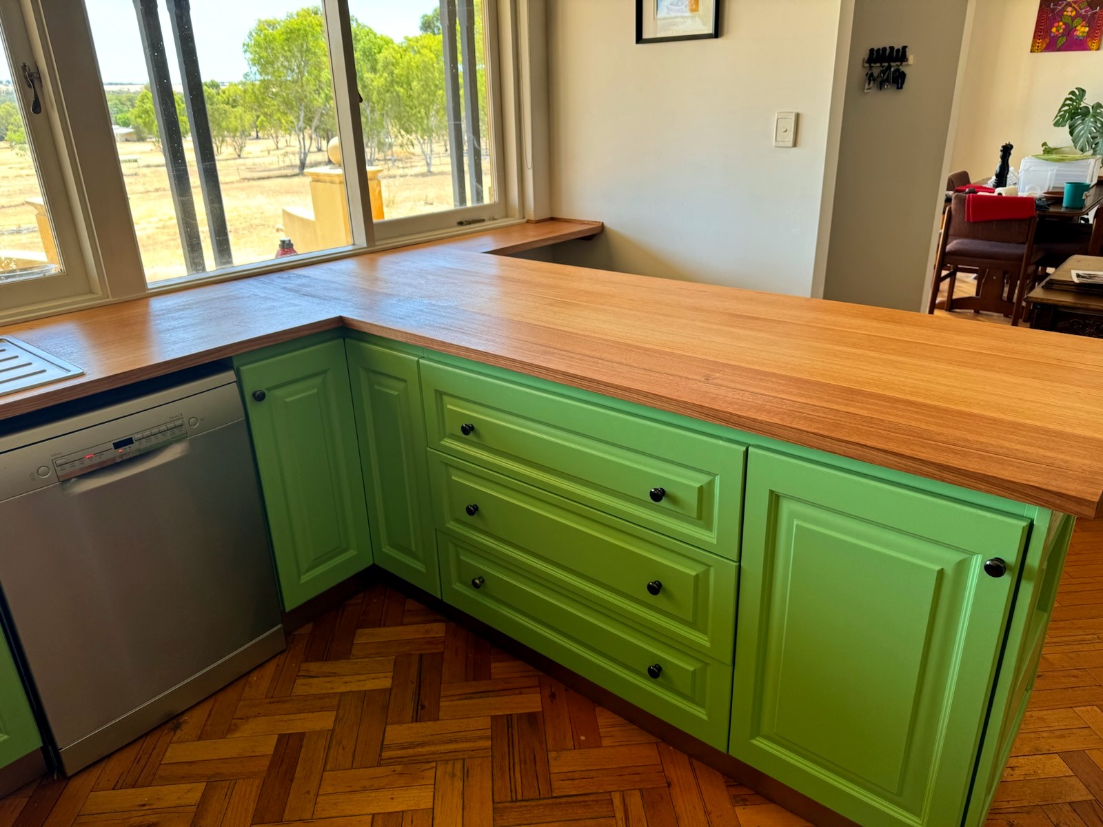 Renovated kitchen, green cabinets and timber benchtop with country views